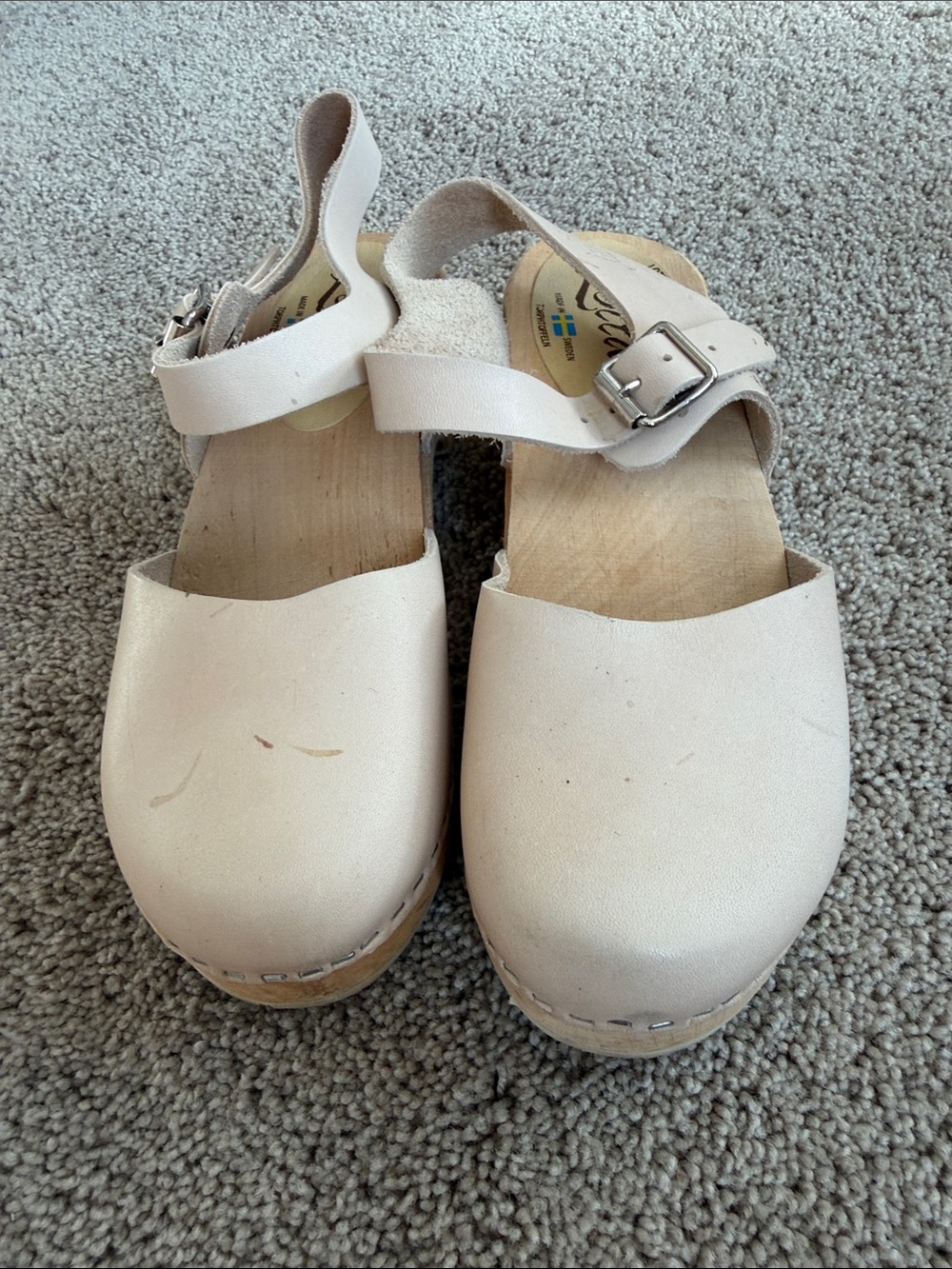 Lotta From Stockholm Cream Leather Ankle-Strap Clogs